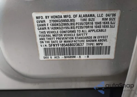 2006 Honda Pilot Ex z USA, uszkodzony, nr VIN 5FNYF18546B023637